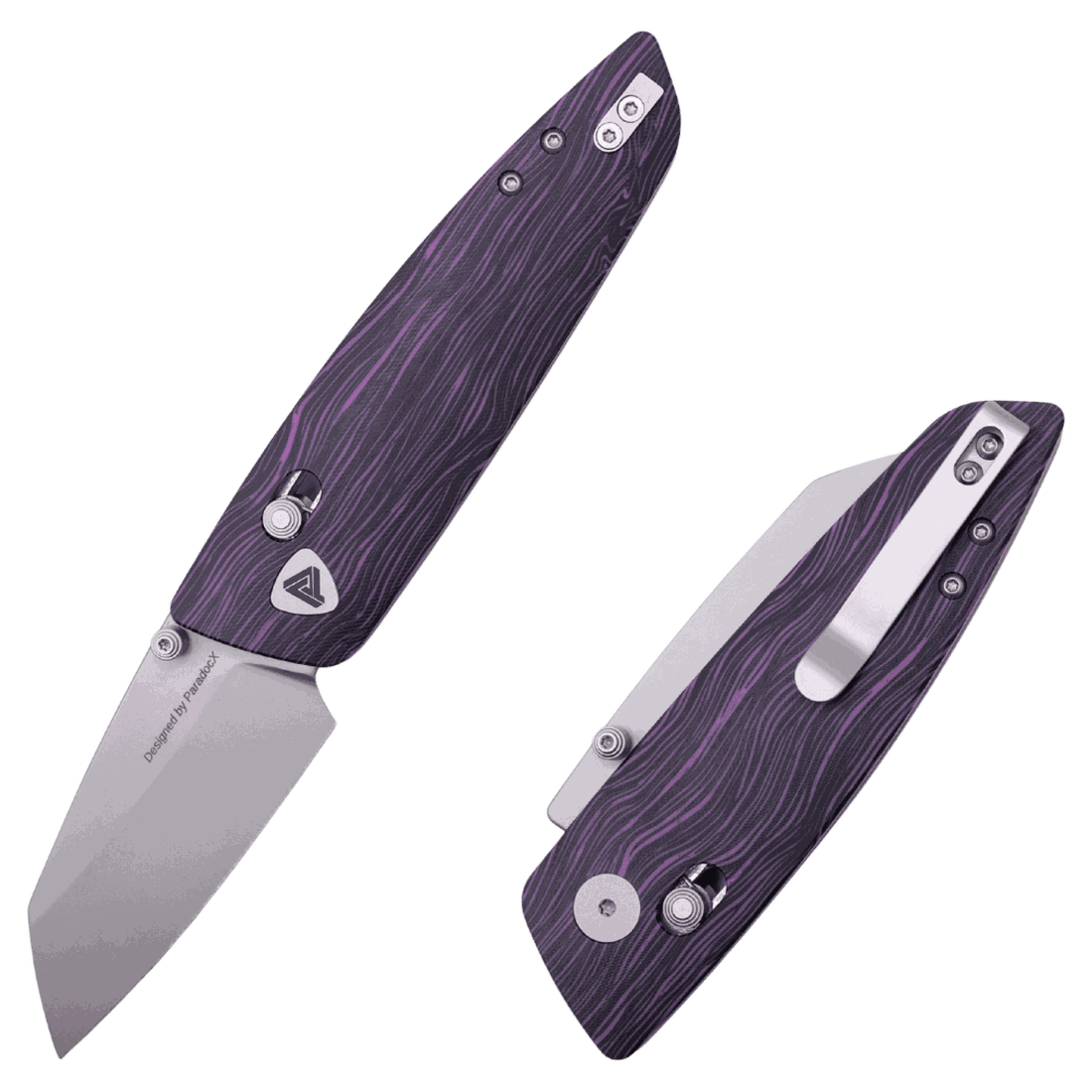 Halo folding knife, open and closed, purple and black G-Mascus handle
